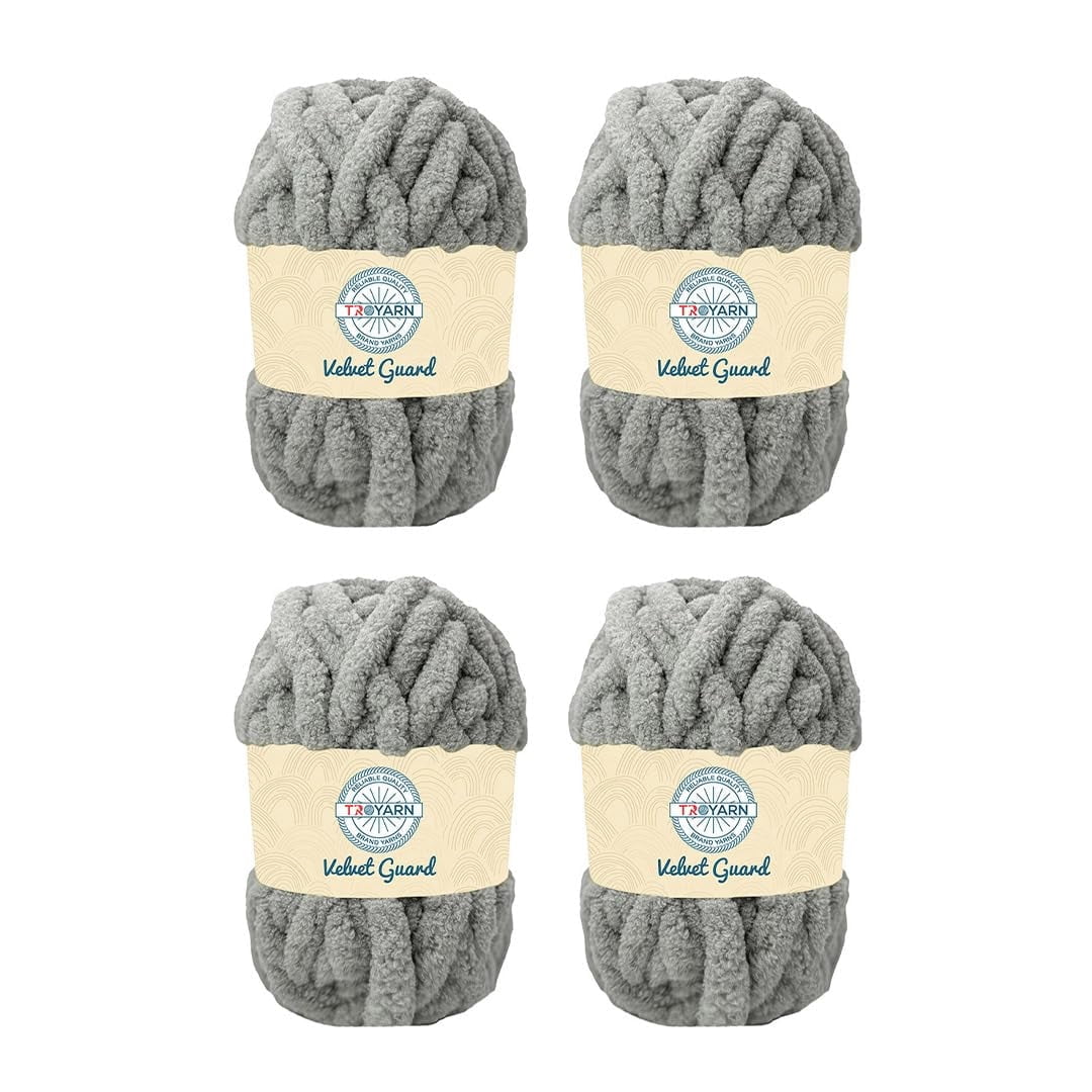Chunky Chenille Yarn by Troyarn,Super Bulky, Soft, Fluffy Plush Yarn Crocheting, Knitting, Hand Knitting, Blanket Making, Jumbo Skeins for Arm Knitting, Home Décor-4x200gr / 4x28yd(121102-Silver)