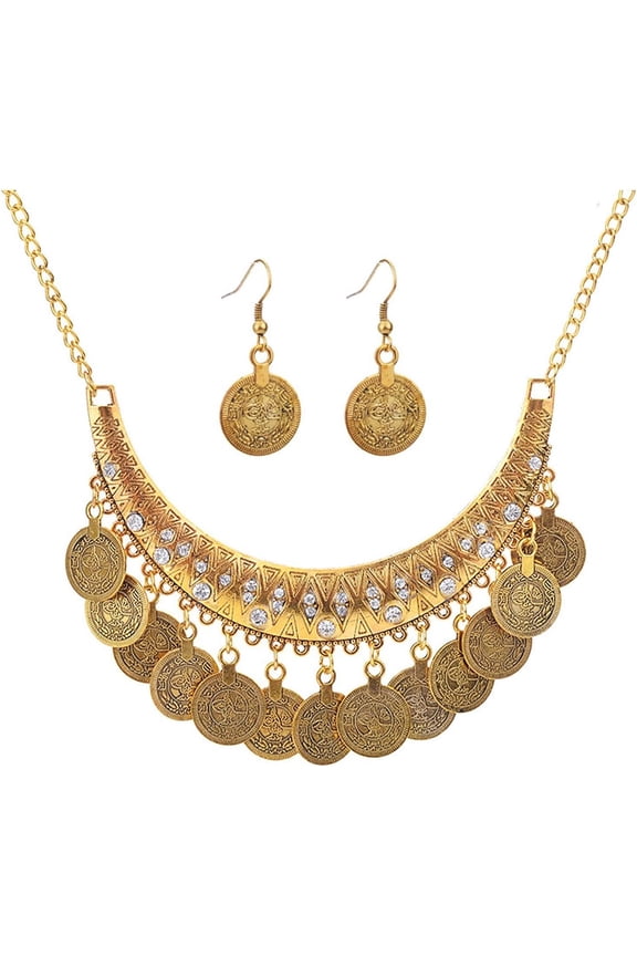 Chunky Coin Necklace Earrings Set,Bohemia Plated Gold Coin Tassel Personalized Choker Earrings,Ethnic Gypsy Statement Jewelry Set for Women