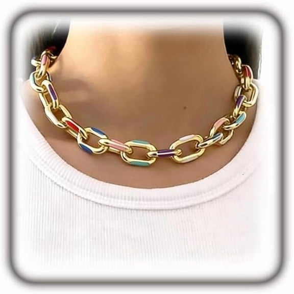 Chunky Colorful Enamel Link Necklace for Women Men,Minimalist Gold Geometry Paperclip Chain Choker Necklaces,Trendy Preppy Statement Jewelry Gifts