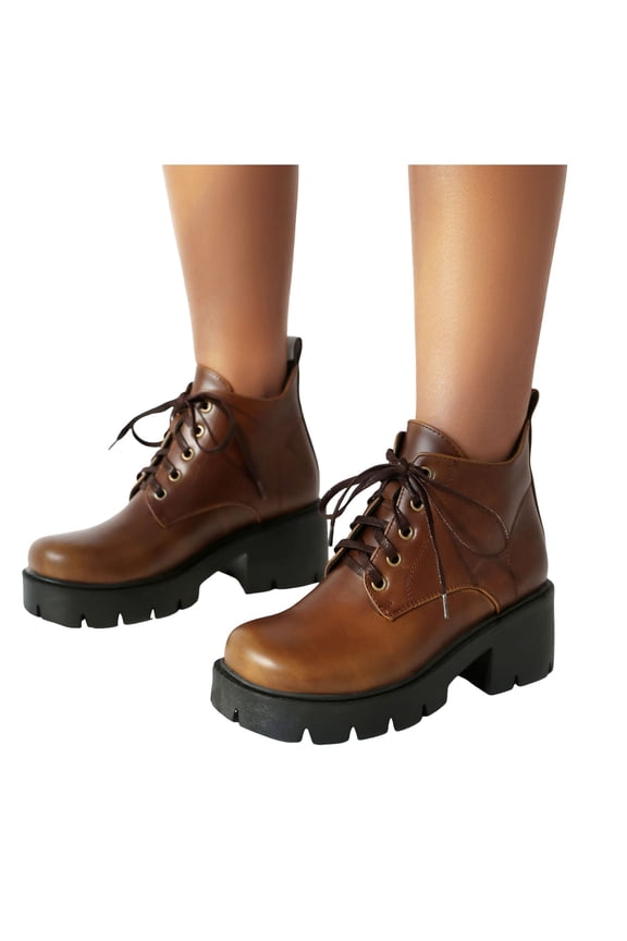 Chunky Combat Boots for Women Classic Retro Leather Wide Width Leather Platform Riding Ankle Booties All Season