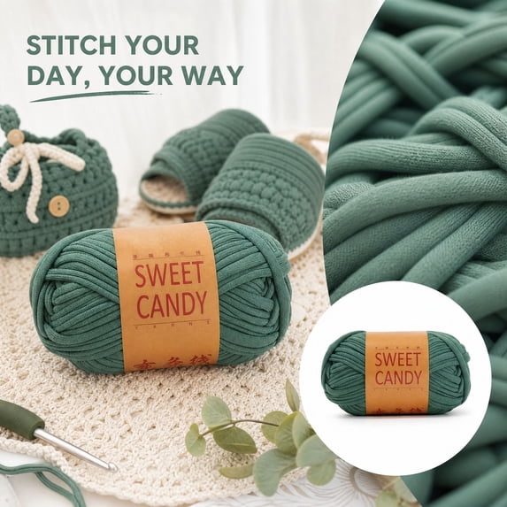 Chunky Cotton Blend Yarn for Crocheting and Hand Knitting, Soft Thick T-Shirt Yarn, 1 Skein, Green