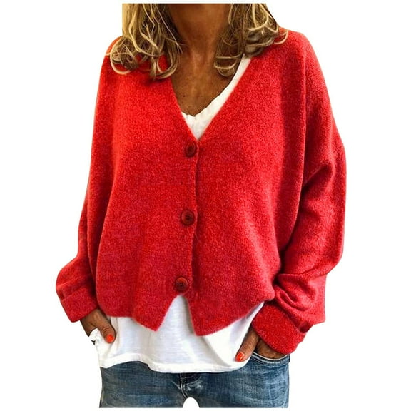 Chunky Cropped Sweater Cardigan for Womens Knit Long Sleeve Button Loose Short Cardigan Outerwear Solid V-Neck Coat