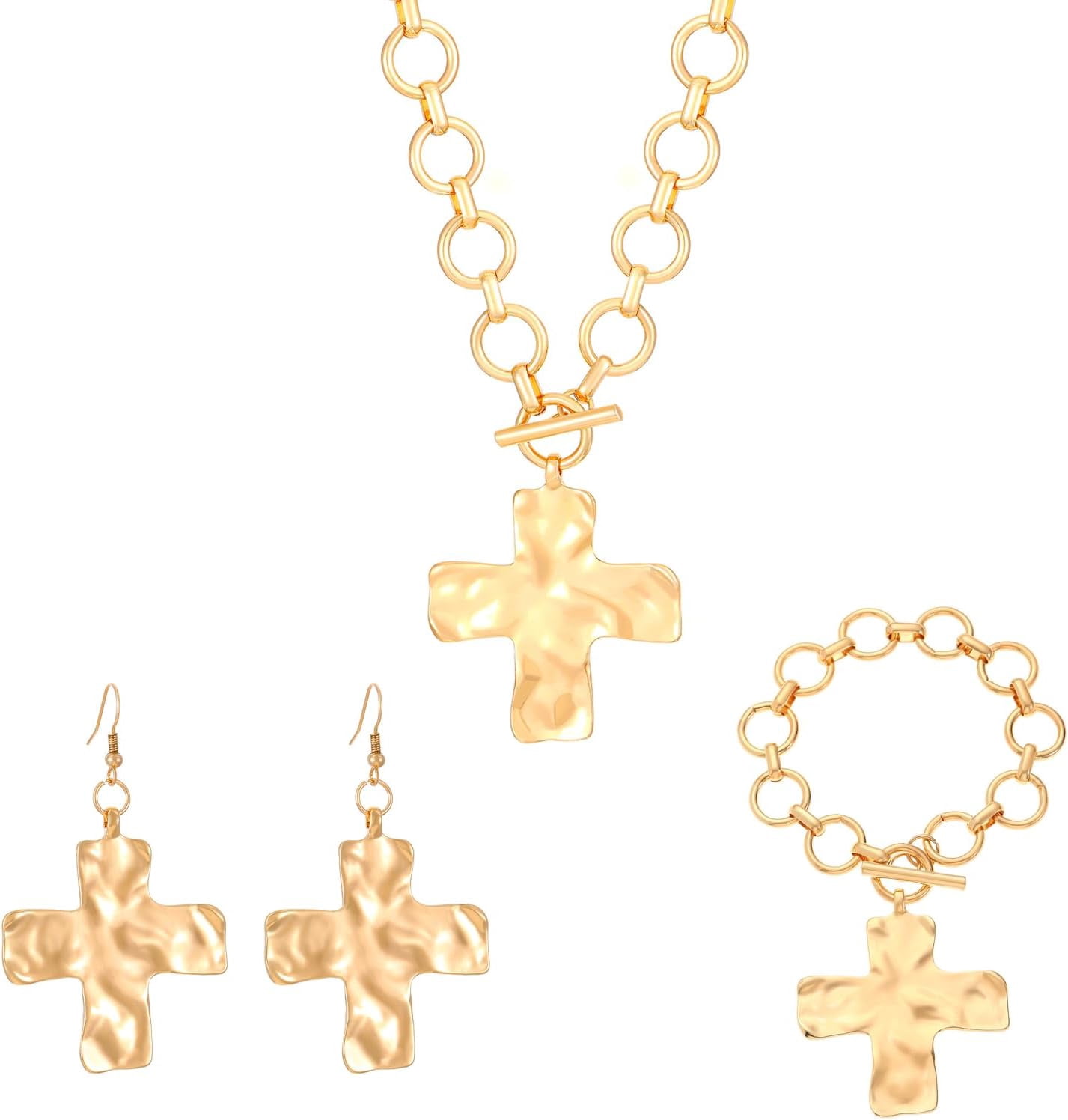 Chunky Cross Necklace for Women Gold Chunky Cross Pendant Necklace Layered Heart Toggle Necklace Hammered Cross Statement Necklace Thick Chain Necklace Jewelry