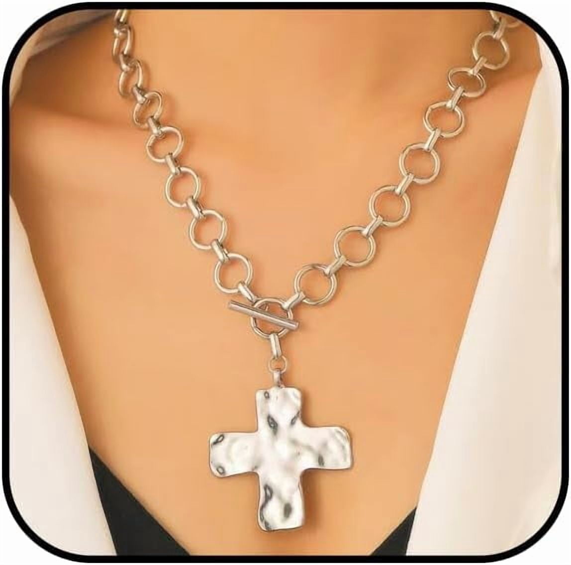 Chunky Cross Necklace for Women Gold Chunky Cross Pendant Necklace Layered Heart Toggle Necklace Hammered Cross Statement Necklace Thick Chain Necklace Jewelry