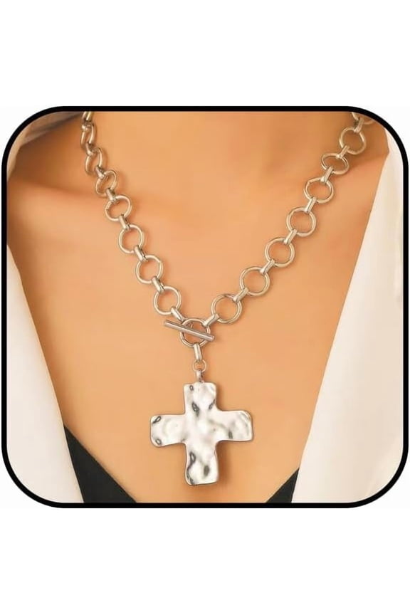 Chunky Cross Necklace for Women Gold Chunky Cross Pendant Necklace Layered Heart Toggle Necklace Hammered Cross Statement Necklace Thick Chain Necklace Jewelry