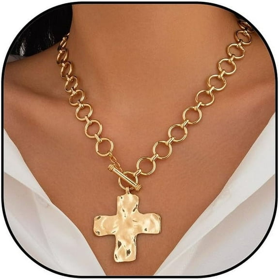 Chunky Cross Necklace for Women Gold Chunky Cross Pendant Necklace Layered Heart Toggle Necklace Hammered Cross Statement Necklace Thick Chain Necklace Jewelry