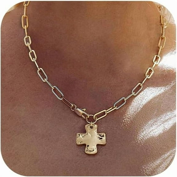 Chunky Cross Necklace for Women Trendy 14K Gold Silver Layered Statement Cross Pendant Charm Necklace Vintage Paperclip Herringbone Snake Choker Chain Costume Jewelry Set Gift Non Tarnish