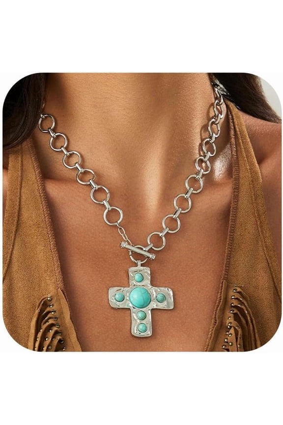 Chunky Cross Necklace for Women Turquoise Pendant Statement Western Cross Necklace Boho Charm Chain Thick Gold Silver Jewelry Vintage Religious Necklace Western Accessories Faith Gifts for W...[z316]
