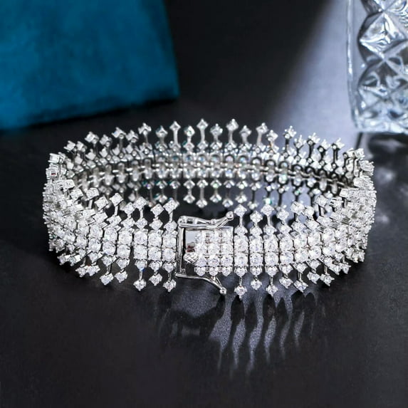 Chunky Cubic Zirconia CZ Big Wide Bracelet White Gold Plated Jewelry Accessories