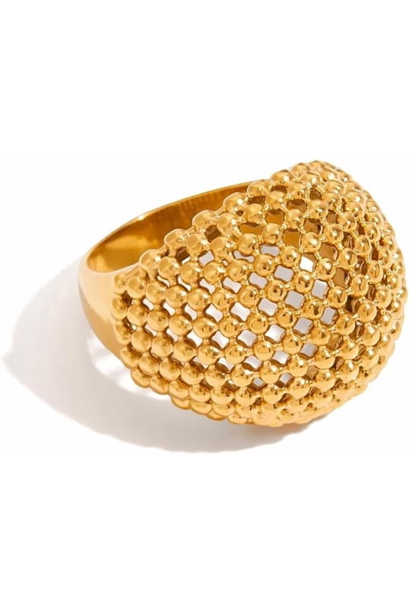 Chunky Dome Statement Ring for Women Men - 14K Golden Plated Round Coin Beaded Hollow Croissant Promise Thumb Finger Rings Band Comfort Fit Fashion Engagement Anniversary Jewelry for Mother Size 7