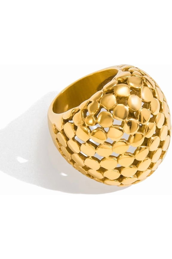 Chunky Dome Statement Ring for Women Men - 14K Golden Plated Round Coin Beaded Hollow Croissant Promise Thumb Finger Rings Band Comfort Fit Fashion Engagement Anniversary Jewelry for Mother Size 7