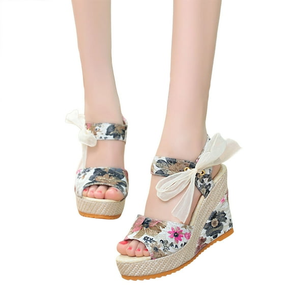 Extra High Heel Dressy Sandals For Women Floral Fashion Lace Up Peep Open Toe Platform Wedge Sandals
