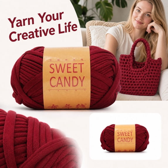 Chunky Fabric Yarn for Crochet and Knitting, 1 Skein, Burgundy, for Diy Basket and Slipper Making, Craft Supply