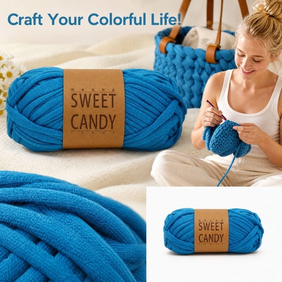 Chunky Fabric Yarn with Soft Cotton Blend, 1 Skein, Blue, for Crochet and Hand Knitting