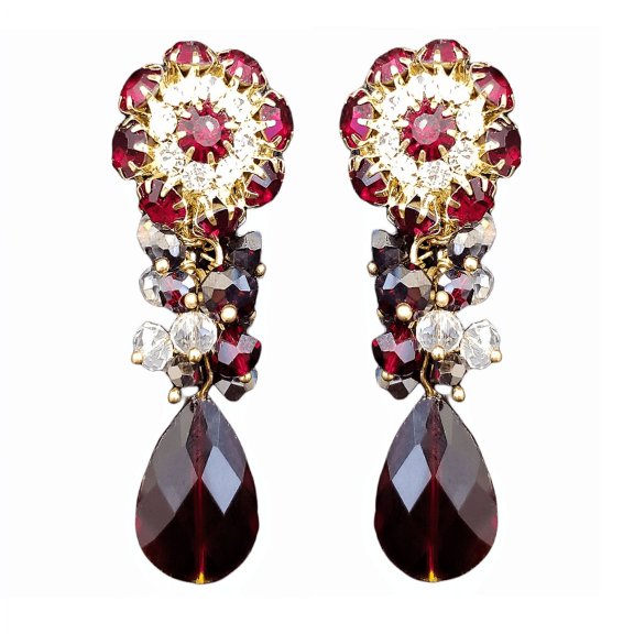 Chunky Floral Ruby Crystal Drop Statement Earrings For Women by Isabella Jewelry