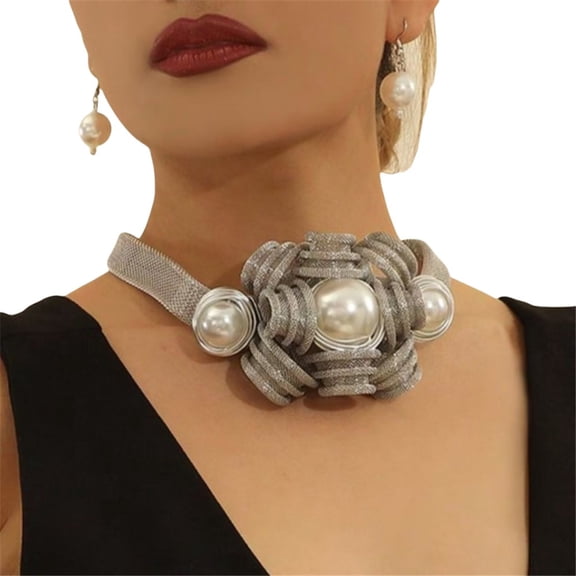 Chunky Flower Net Chain Statement Pearl Necklace Earring Set For Women Tribal Fashion Costume Accessories Unique Pearl Pendent Collar Choker Bib Handmade
