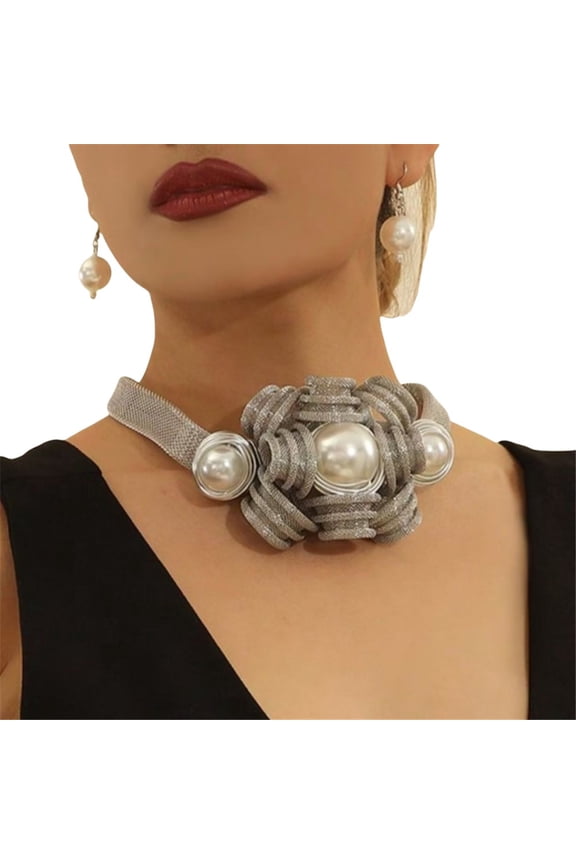 Chunky Flower Net Chain Statement Pearl Necklace Earring Set For Women Tribal Fashion Costume Accessories Unique Pearl Pendent Collar Choker Bib Handmade
