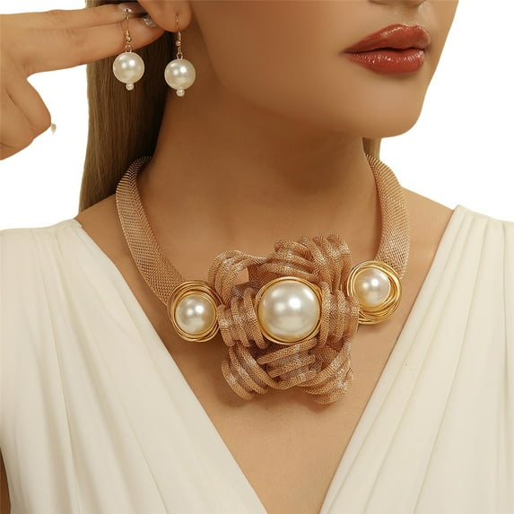 Chunky Flower Net Chain Statement Pearl Necklace Earring Set For Women Tribal Fashion Costume Accessories Unique Pearl Pendent Collar Choker Bib Handmade