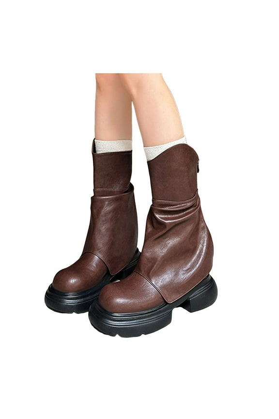 Chunky Fold Over Boots for Women 2025 Roman Fashion Slouchy Platform Wide Mid Calf Riding Boots