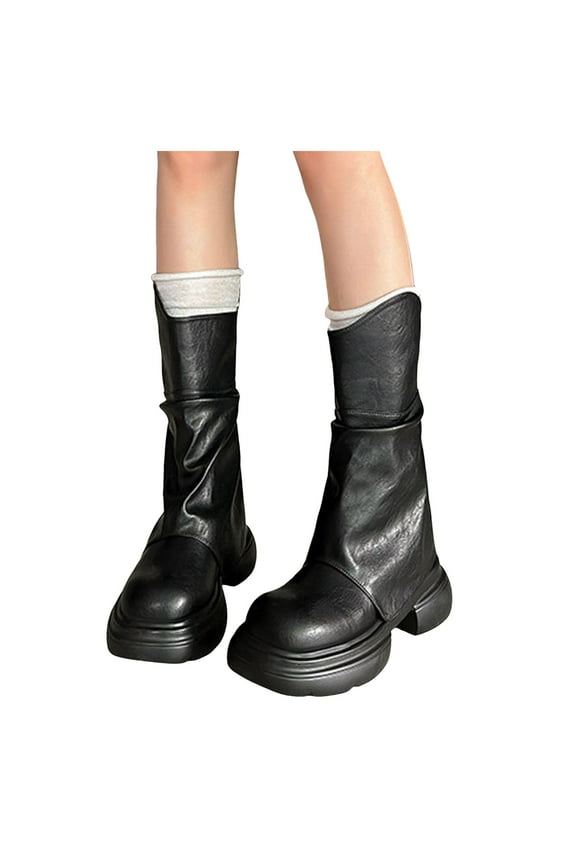 Chunky Fold Over Boots for Women 2025 Roman Fashion Slouchy Platform Wide Mid Calf Riding Boots