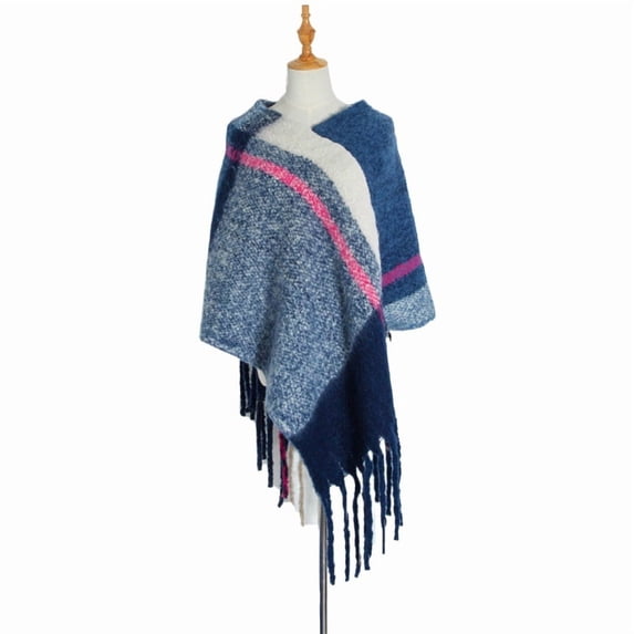 Chunky Fringe Plaid Poncho, Oversized Pullover Cape Shawl for Women, Winter Wrap,75*68cm,11
