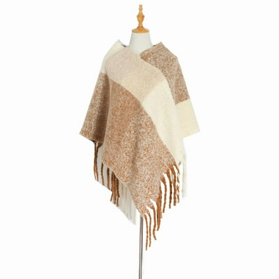 Chunky Fringe Plaid Poncho, Oversized Pullover Cape Shawl for Women, Winter Wrap,75*68cm,26
