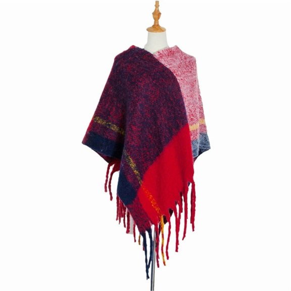 Chunky Fringe Plaid Poncho, Oversized Pullover Cape Shawl for Women, Winter Wrap,75*68cm,9