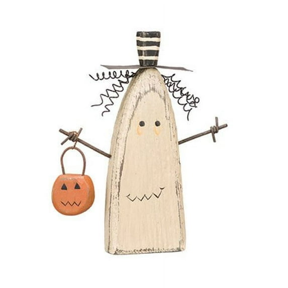 Chunky Ghost Sitter Holding Pumpkin Basket Halloween Wood Figurine