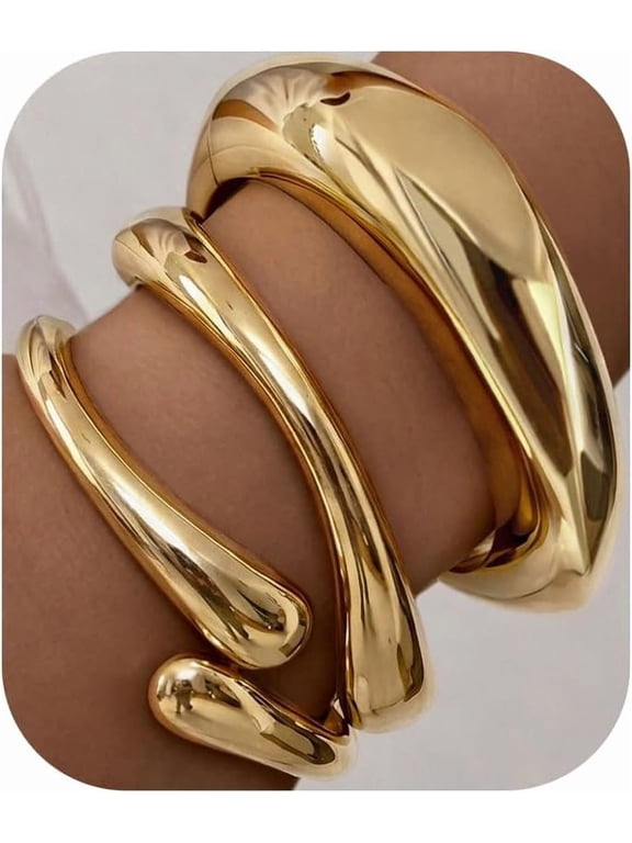 Chunky Gold Bangle Bracelets for Women, 14K Gold Plated Big Stackable Cuff Set, Dainty Thick Dome Teardrop Bangles, Trendy Statement Jewelry Fashion Accessories