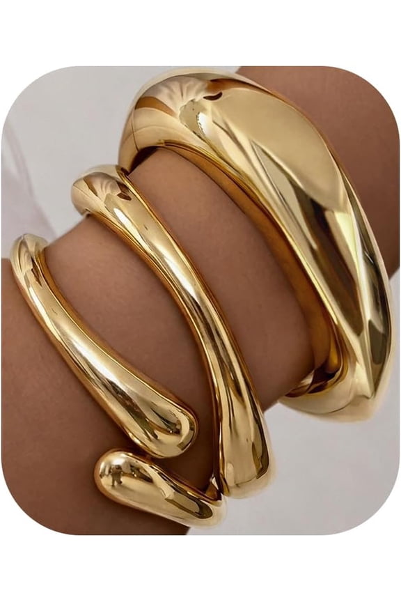 Chunky Gold Bangle Bracelets for Women, 14K Gold Plated Big Stackable Cuff Set, Dainty Thick Dome Teardrop Bangles, Trendy Statement Jewelry Fashion Accessories