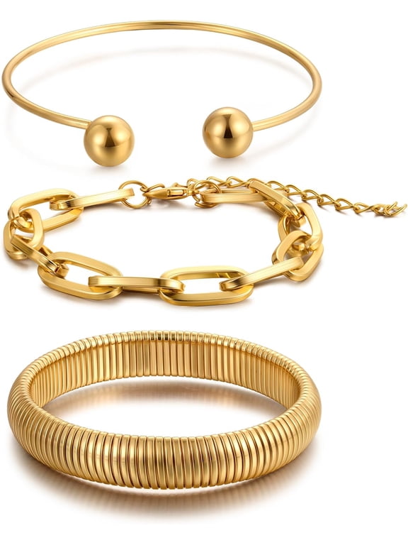 Chunky Gold Bangle Bracelets for Women, Dainty 14k Gold Plated Big Stackable Bangles Set, Trendy Statement Cuff Bracelet Stack Fashion Jewelry Christmas Gifts