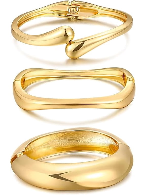 Chunky Gold Bangle Bracelets for Women, Dainty 14k Gold Plated Big Stackable Bangles Set, Trendy Statement Cuff Bracelet Stack Fashion Jewelry Christmas Gifts