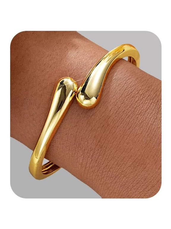 Chunky Gold Bangle Bracelets for Women, 14K Gold Plated Twisted Hinged Stackable Cuff Bracelet Jewelry Gifts