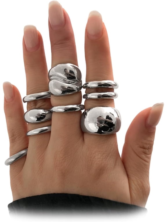 Chunky Gold Big Dome Rings Set for Women Thick Silver Open Statement Knuckle Rings Fashion Adjustable Bold Finger Ring Stacked Jewelry Accessories