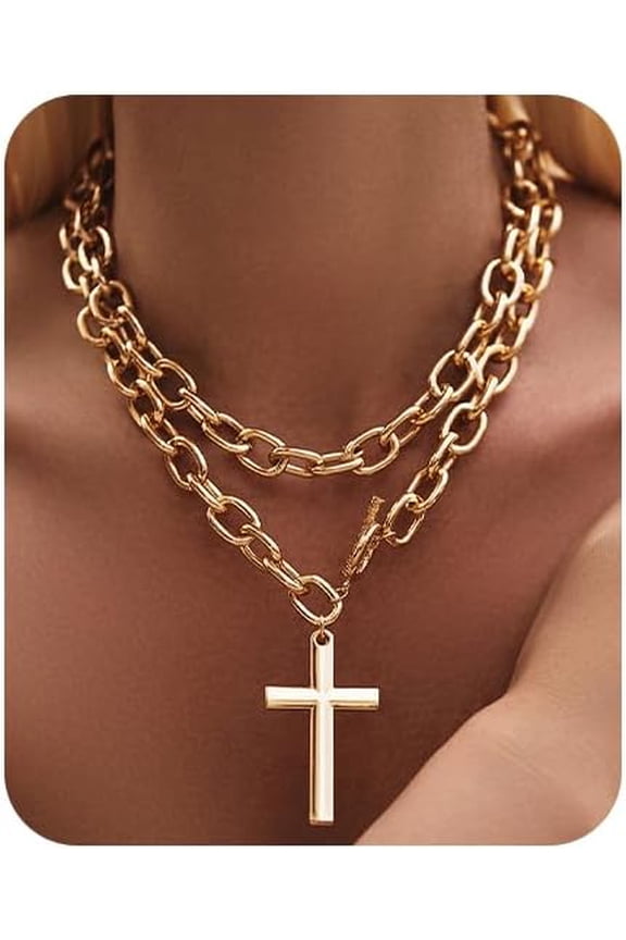 Chunky Gold Cross Necklace for Women Layered Necklace Retro Big Gold Cross Pendant Necklace Statement Chunky Chain Choker Necklaces Thick OT Buckle Chain Long Necklace Jewelry[l006]
