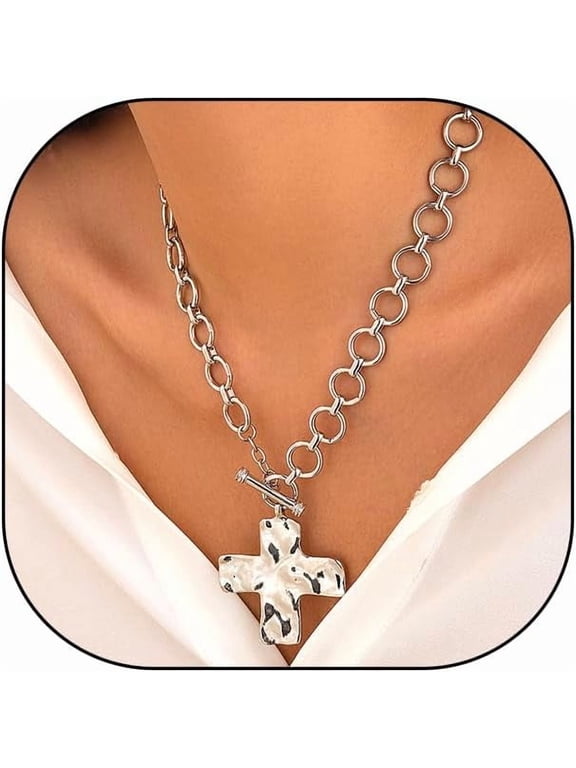 Chunky Gold Cross Ot Toggle Necklace, Fashion Circle Metal Punk Chain Necklace, Adjustable Faith Bar Statement Cool Pendant Jewelry for Women