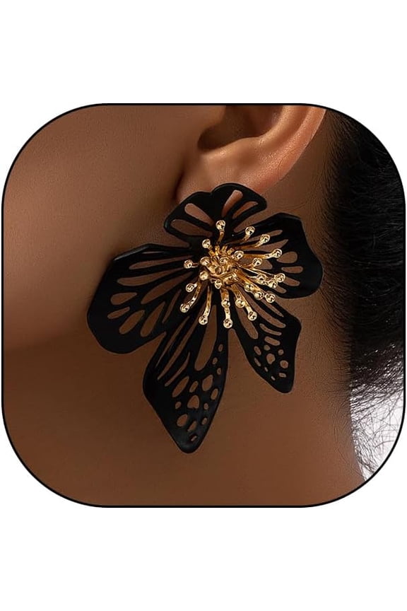 Chunky Gold Exaggerated Flower Dangle Earrings, Trendy Punk Geometry Large Stud Earrings, Street Hip Hop Statement Jewelry for Women