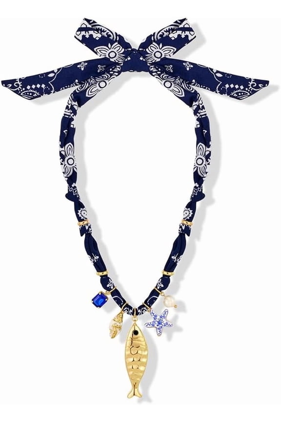 Chunky Gold Fish Pendant Necklace For Women Long Silk Scarf Turquoise Strand Necklace With Fish Pendants Boho Beach Shell Statement Necklaces