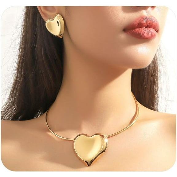 Chunky Gold Heart Earrings Necklace Set Vintage Geometric Round Bib Collar Necklaces Minimalist Glossy Statement Earring Trendy Ethnic Boho Jewelry Gift