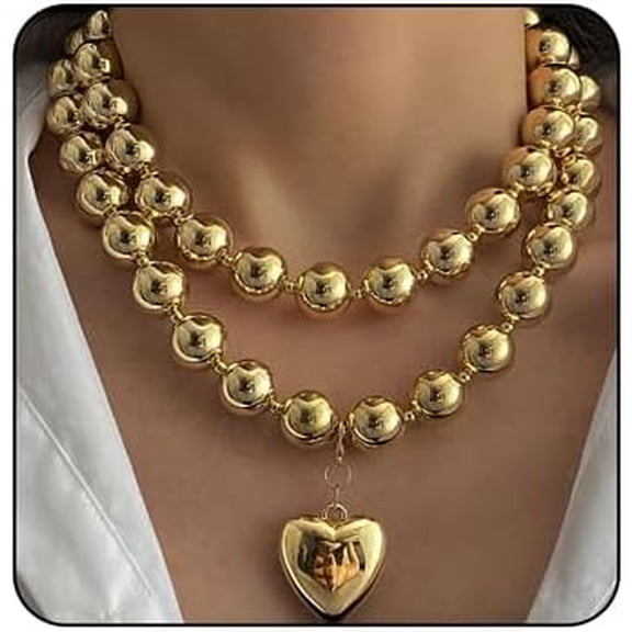 Chunky Gold Heart Necklace for Women Large Round Bead Beaded Necklace Layered Love Choker Necklaces Stackable Punk Thick Chain Pendant Bold Statement Jewelry Gift