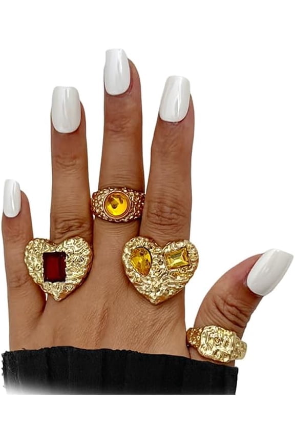 Chunky Gold Heart Rings for Women,Large Heart Harmmered Nugget Crystal Knuckle Rings Y2k Stackable Jewerly