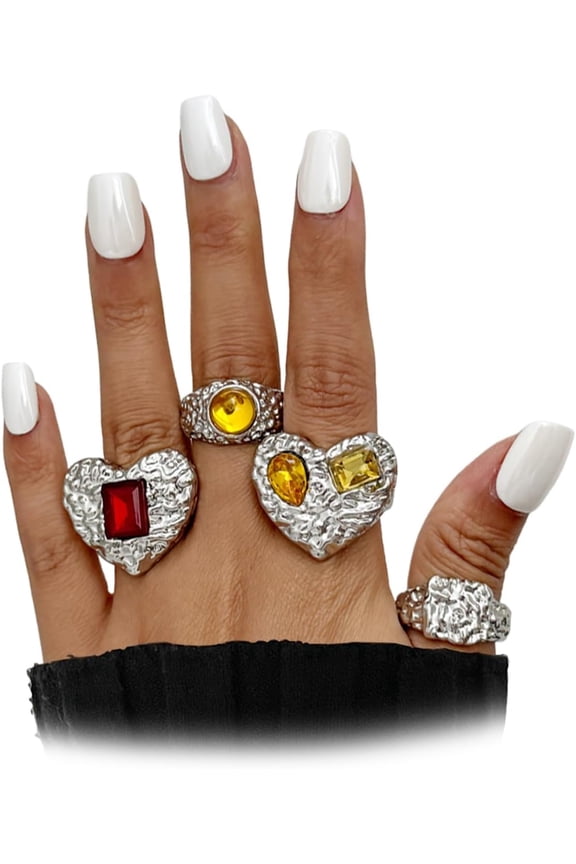 Chunky Gold Heart Rings for Women,Large Heart Harmmered Nugget Crystal Knuckle Rings Y2k Stackable Jewerly