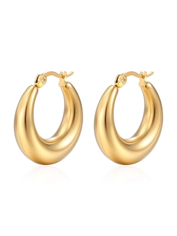 Chunky Gold Hoop Earrings Stainless Steel Crescent Moon Thick Huggie Hoops for Women