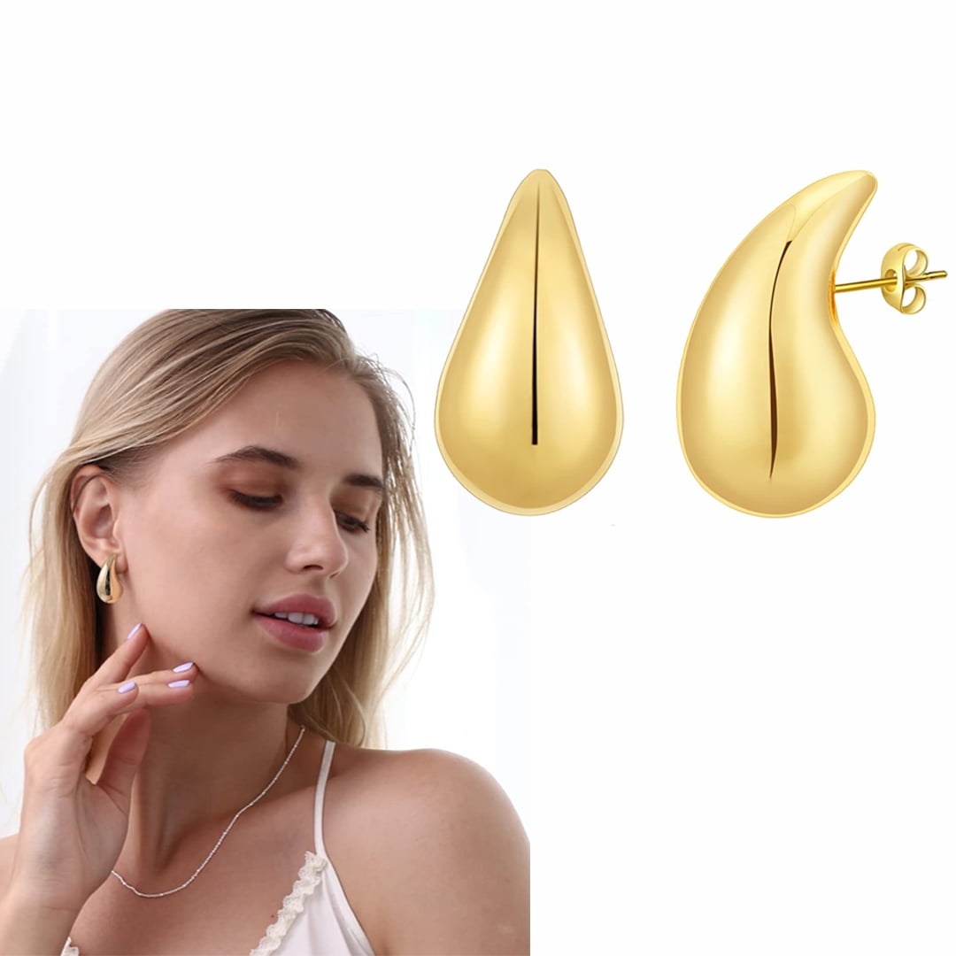 Chunky Gold Hoop Earrings for Women, Lightweight Waterdrop Hollow