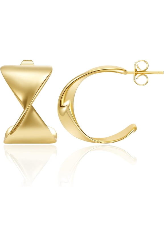 Chunky Gold Hoop Earrings for Women, 14K Gold Plated Lightweight Hollow Open Hoops Thick Teardrop Earrings Sterling Silver Post Fashion Jewelry Gifts