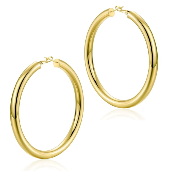 Chunky Gold Hoop Earrings for Women S925 Sterling Silver Post 14K Gold Plated Thick Tube Lightweight Hollow Hoops Earrings for Women