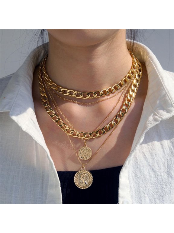 Layered Gold Necklace, Link Chain Choker Jewelry for Women, 53 cm, Gold