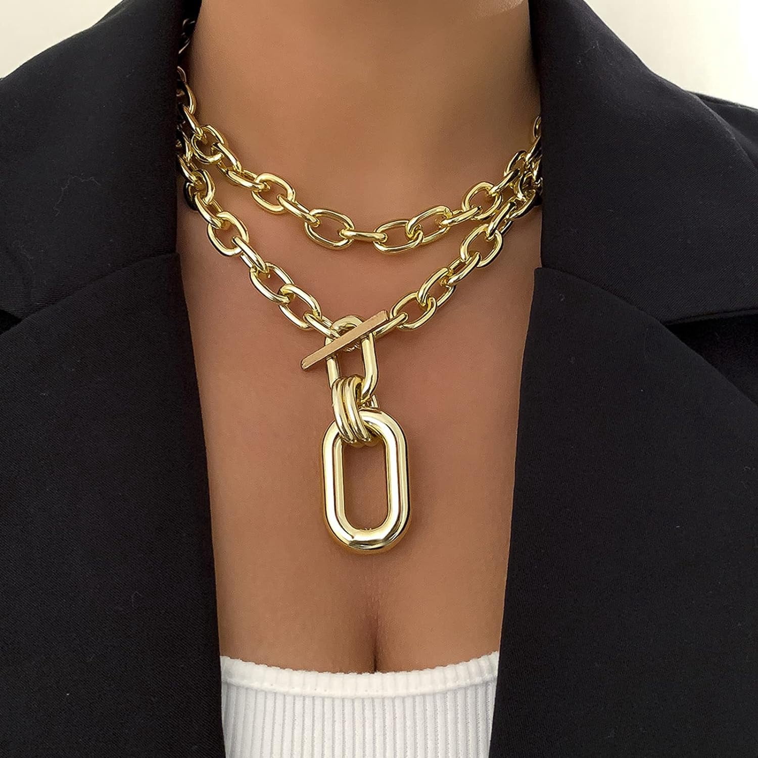 Chunky Gold Necklace For Women Layered Gold Cuban Link Chain Choker Necklace Gold Thick Statement Choker Necklace Paperclip Chain Toggle Bar Clasp Necklace Christmas Stocking Stuffers Jewelr[o6305]