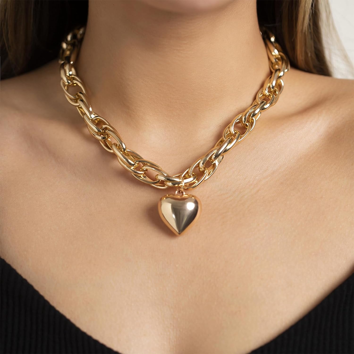 Gold Heart Drop Necklace For Women - Dainty Toggle Heart Pendant, Chunky O-Link Chain, Valentine's Day Gift & Everyday Wear