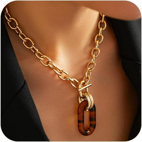 Chunky Gold Necklaces for Women, Boho Fashion Leopard Print Metal Oval Resin Chain Punk Multilayer Choker Paperclip Cuban Link Chain Hip Hop Statement Necklace
